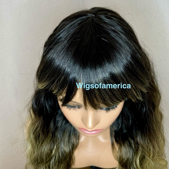 Bob wig with bangs 18 inches long Heat ok ash green ombre black - Picture 5 of 9